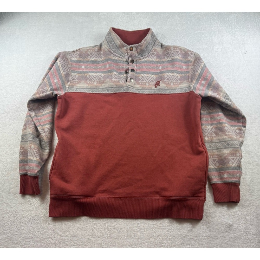 Hooey Stevie 1/4 Snap Long Sleeve Pullover Sweatshirt Aztec Rust Men Size Medium
